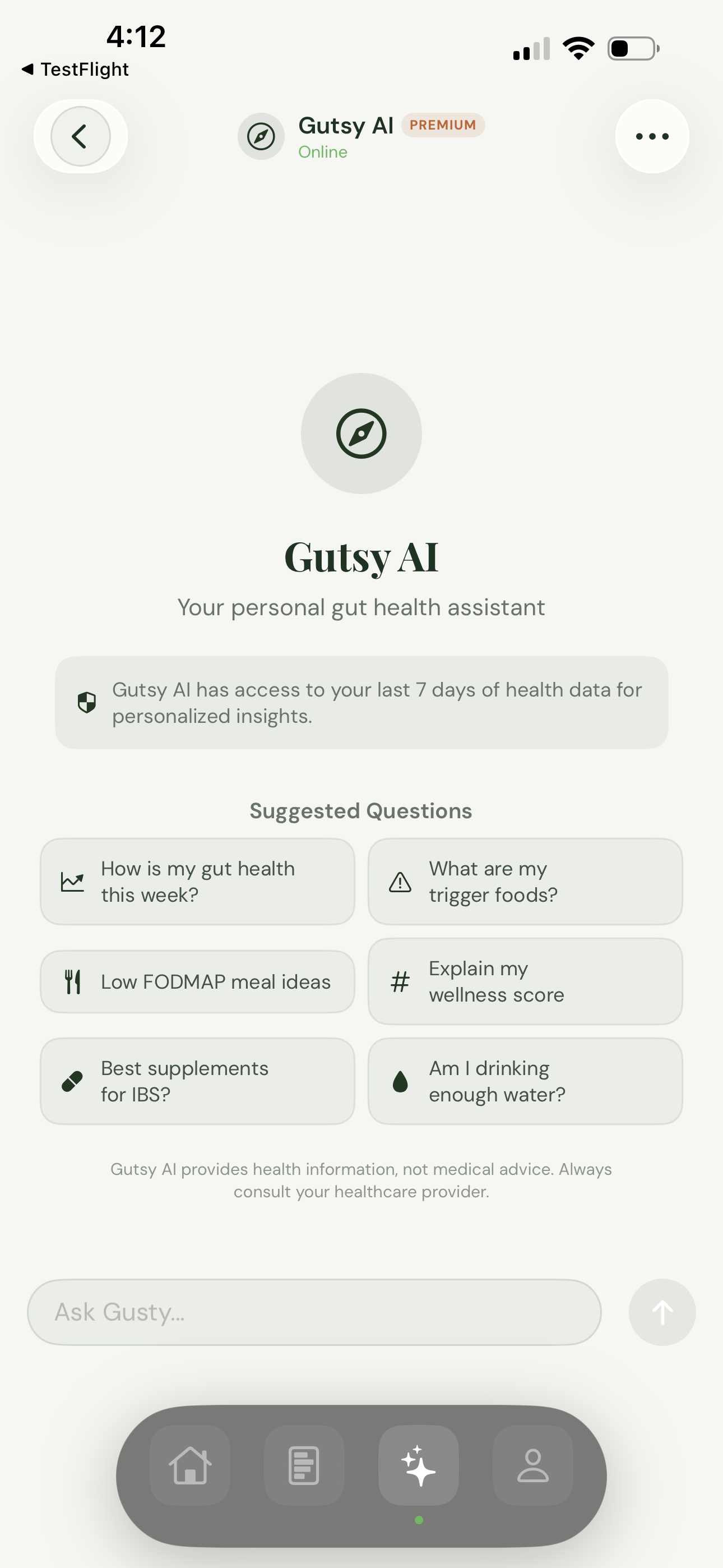 Gutsy AI chat providing personalized gut health advice based on your data