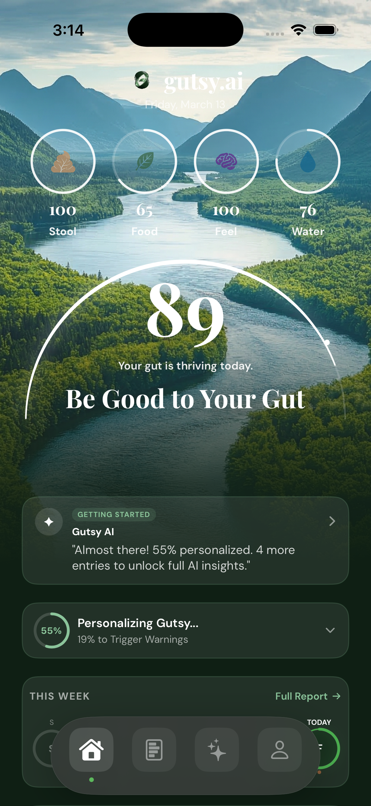 Gutsy dashboard showing wellness score, food tracking, and gut health insights