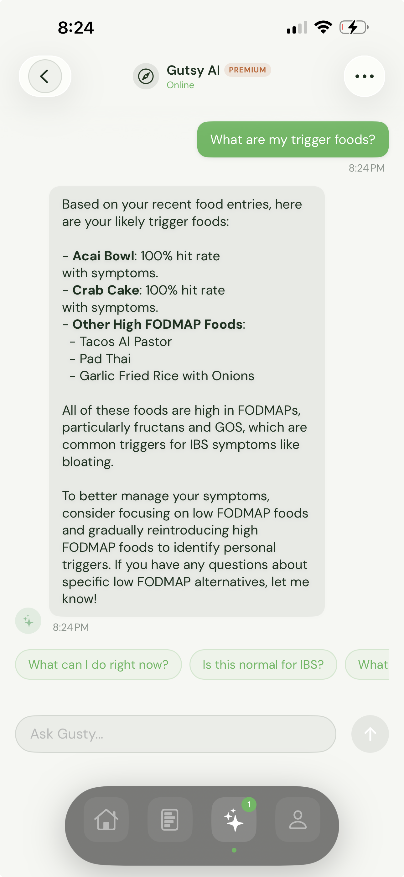 Trigger detection dashboard showing food-symptom correlations with confidence levels